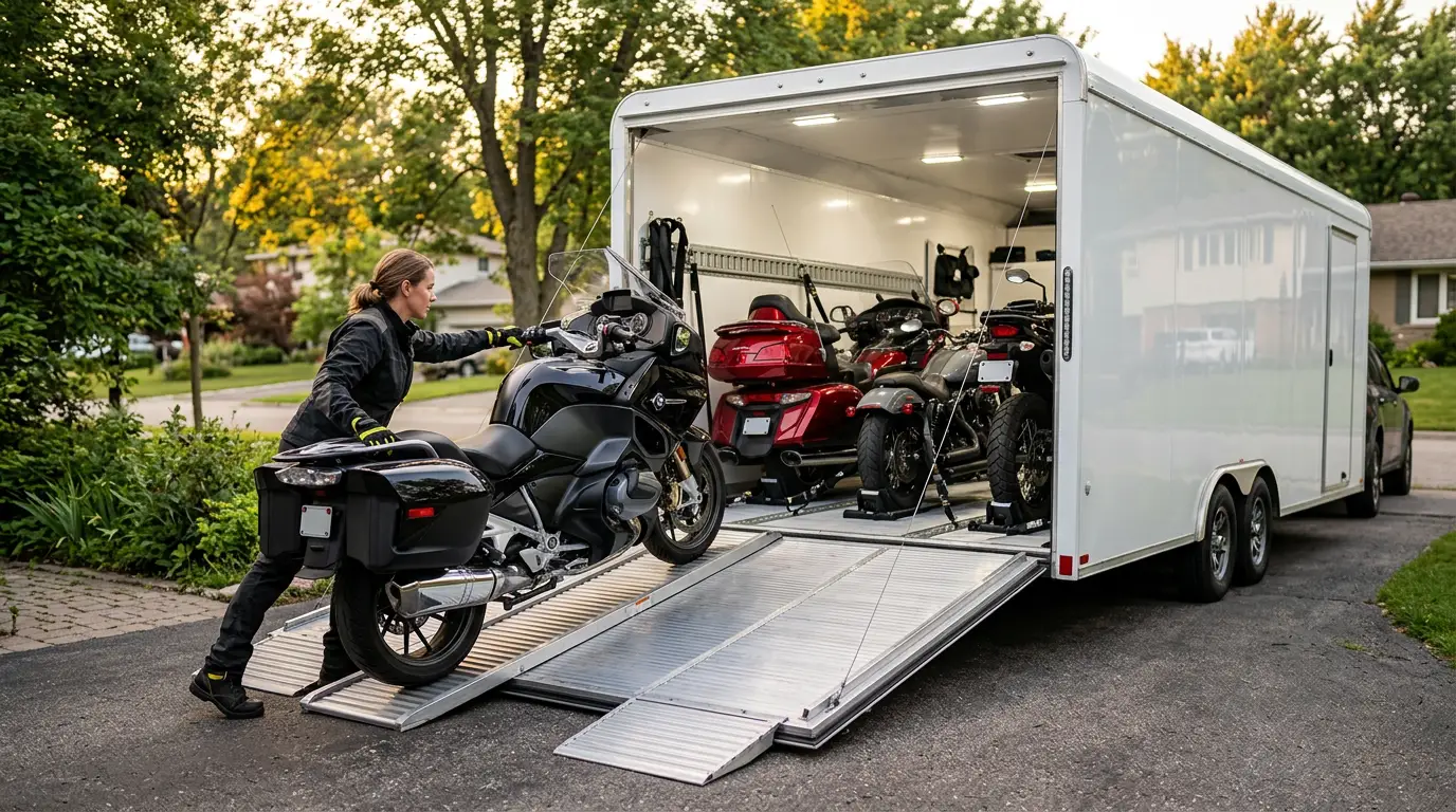 Driver loading a touring motorcycle into an enclosed transport trailer