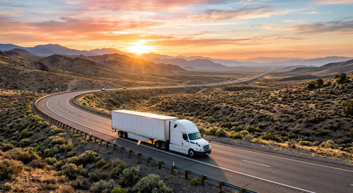 Enclosed Motorcycle Transporters tractor-trailer on a US interstate carrying motorcycles toward the port