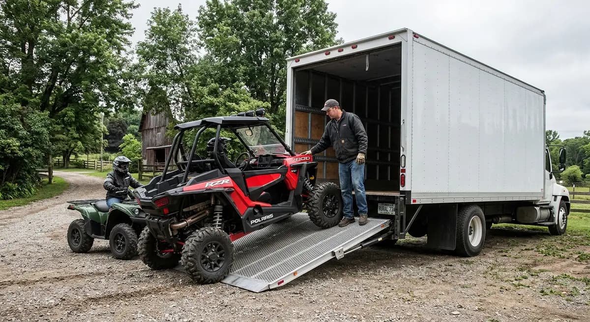 UTV and ATV being loaded onto an enclosed truck liftgate