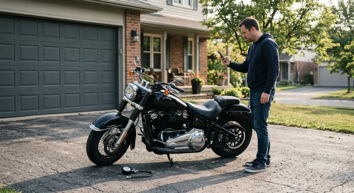 Rider photographing a clean motorcycle in a garage before shipping