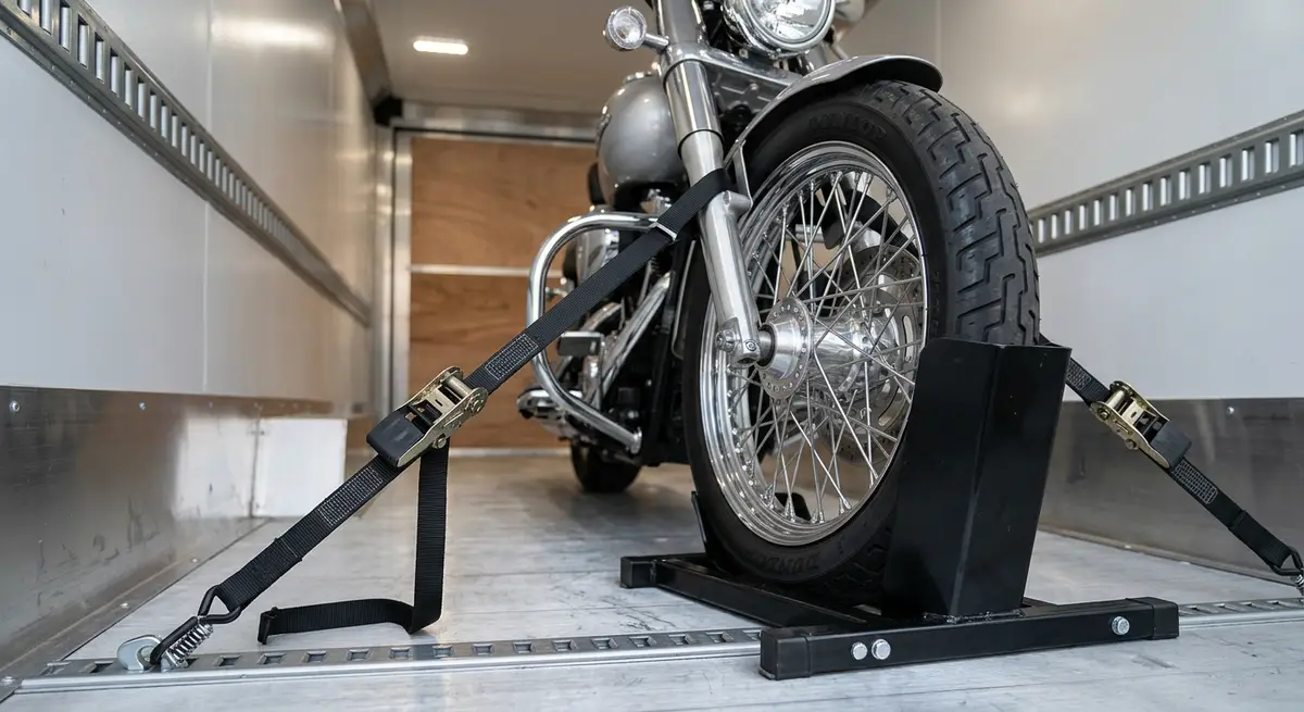 Motorcycle front wheel locked in a chock and held with soft straps inside an enclosed trailer