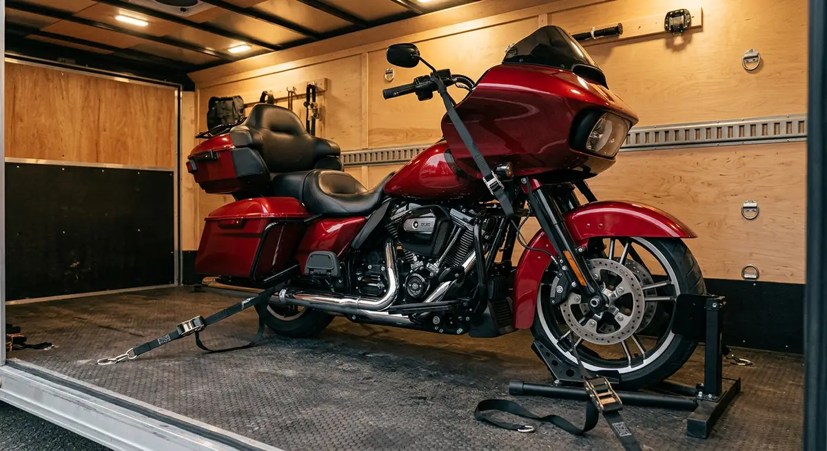 Red touring bagger strapped into a wheel chock inside an enclosed trailer