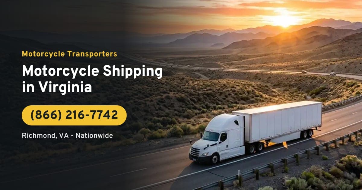 Motorcycle Shipping in Virginia - Motorcycle Transporters. A large enclosed tractor-trailer transport truck on the highway. Call (866) 216-7742.