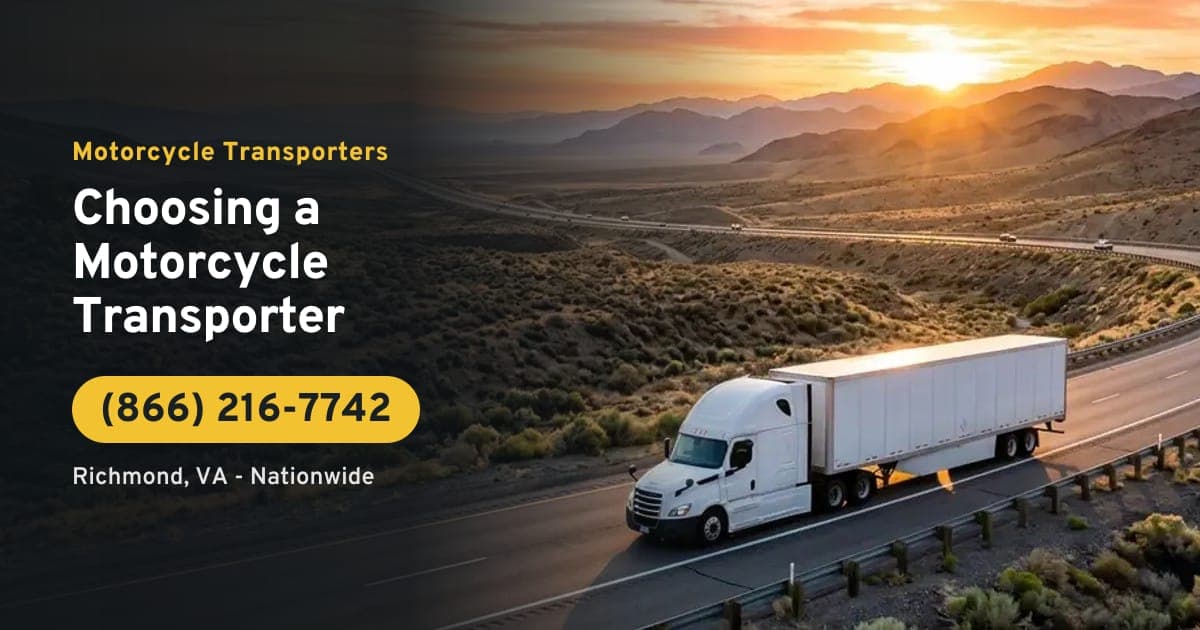 Choosing a Motorcycle Transporter - Motorcycle Transporters. A large enclosed tractor-trailer transport truck on the highway. Call (866) 216-7742.