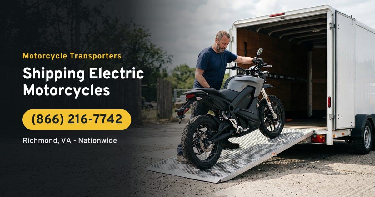 Shipping Electric Motorcycles - Motorcycle Transporters. A motorcycle being loaded into an enclosed trailer. Call (866) 216-7742.