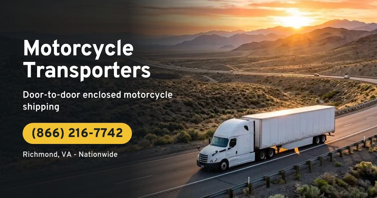 Motorcycle Transporters: a large enclosed tractor-trailer transport truck on the highway. Door-to-door enclosed motorcycle shipping. Call (866) 216-7742. Richmond, VA - Nationwide.